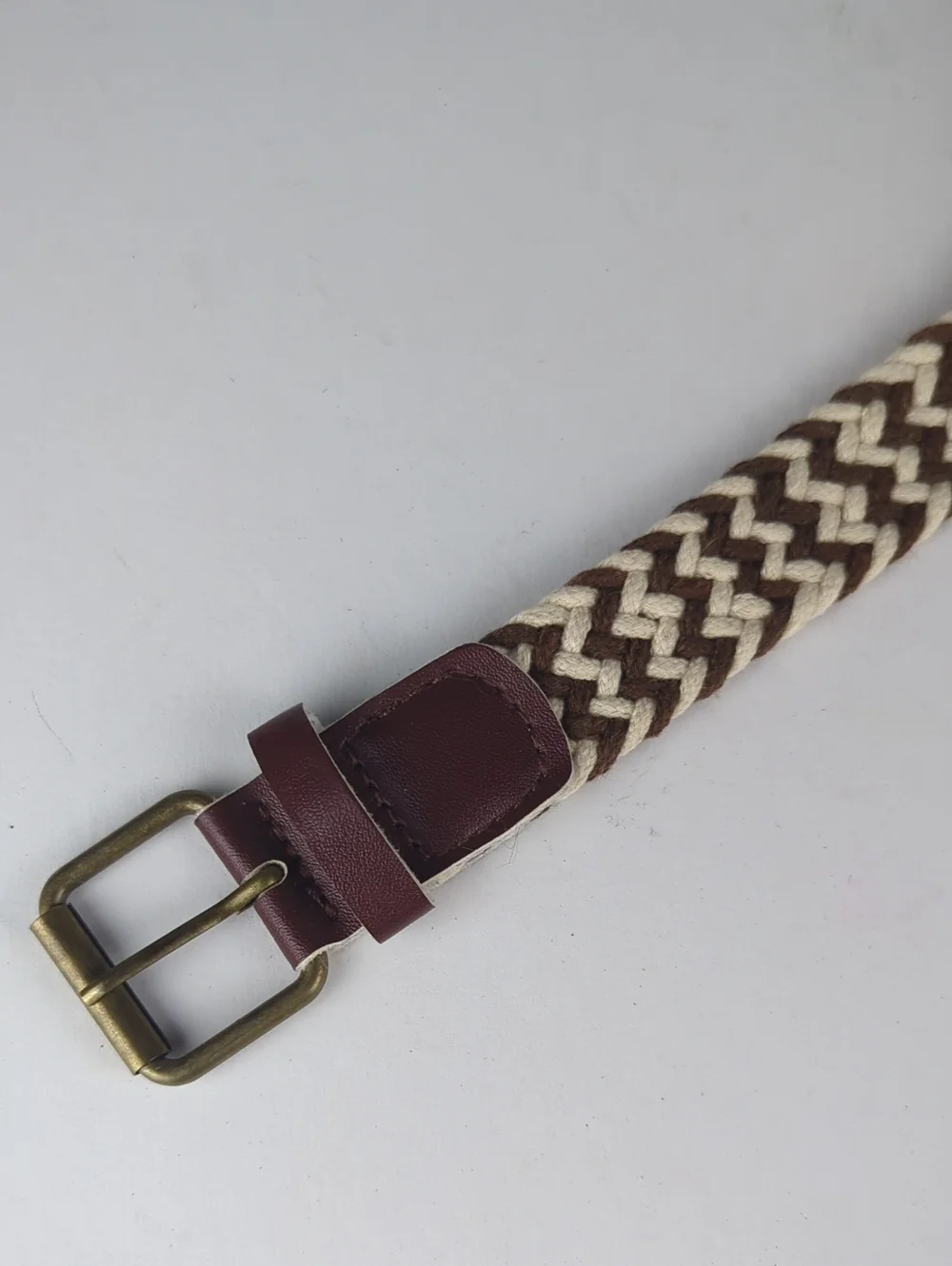 Men's Woven Braided Belt Brown White Chevron